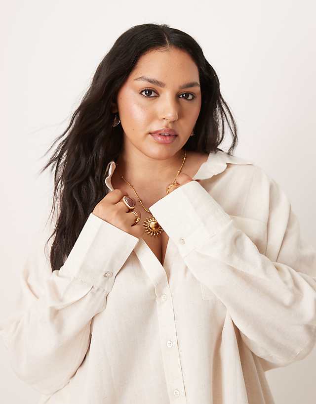 Asos ASOS DESIGN Curve Belle Oversized Beach Shirt Coverup With Linen In Natural