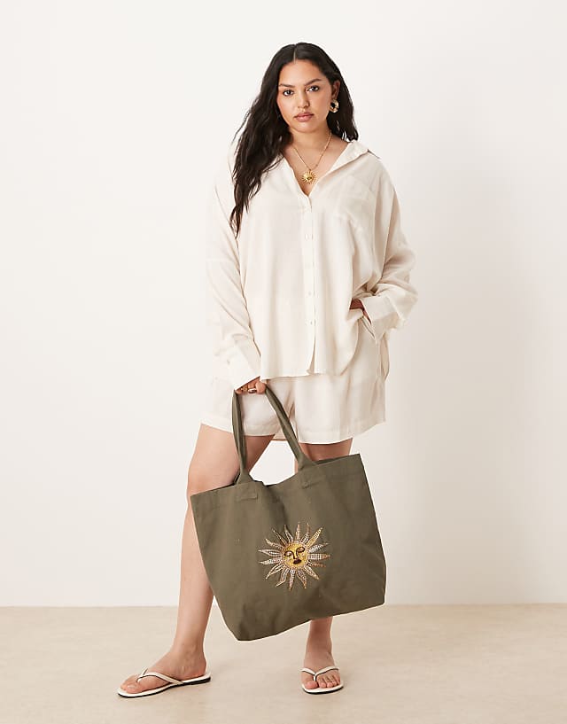 Asos ASOS DESIGN Curve Belle Oversized Beach Shirt Coverup With Linen In Natural