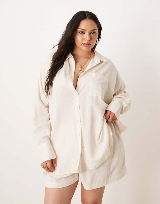 asos ASOS DESIGN Curve Belle oversized beach shirt coverup with linen in natural