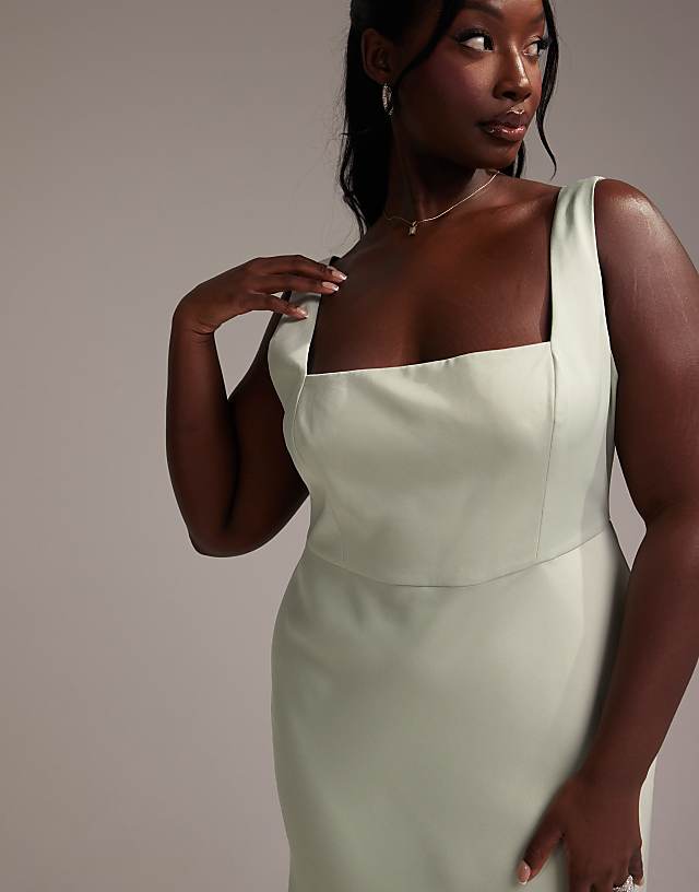 Asos ASOS DESIGN Curve Bridesmaid Satin Square Neck Maxi Dress In Light Green