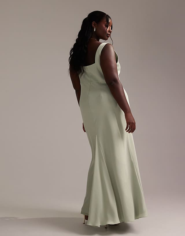 Asos ASOS DESIGN Curve Bridesmaid Satin Square Neck Maxi Dress In Light Green