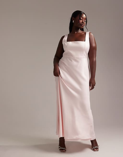 Asos ASOS DESIGN Curve Bridesmaid Satin Square Neck Maxi Dress In Soft Pink