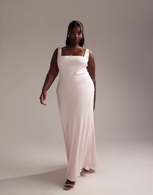 asos ASOS DESIGN Curve Bridesmaid satin square neck maxi dress in soft pink