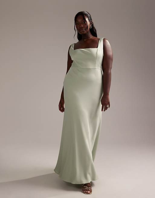 asos ASOS DESIGN Curve Bridesmaid satin square neck maxi dress in light green
