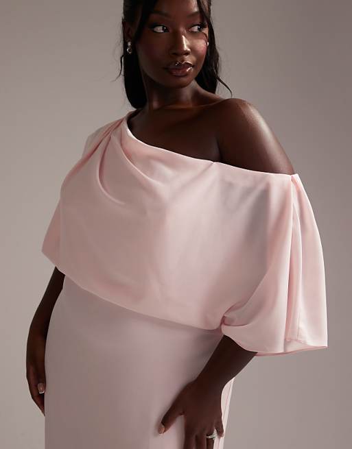 Asos ASOS DESIGN Curve Bridesmaids Crepe One Shoulder Draped Maxi Dress In Soft Pink