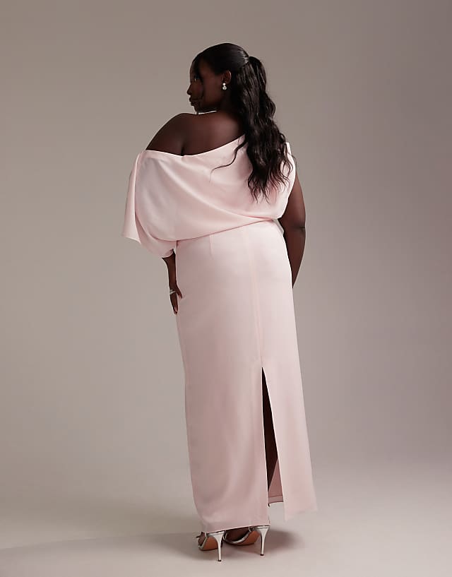 Asos ASOS DESIGN Curve Bridesmaids Crepe One Shoulder Draped Maxi Dress In Soft Pink