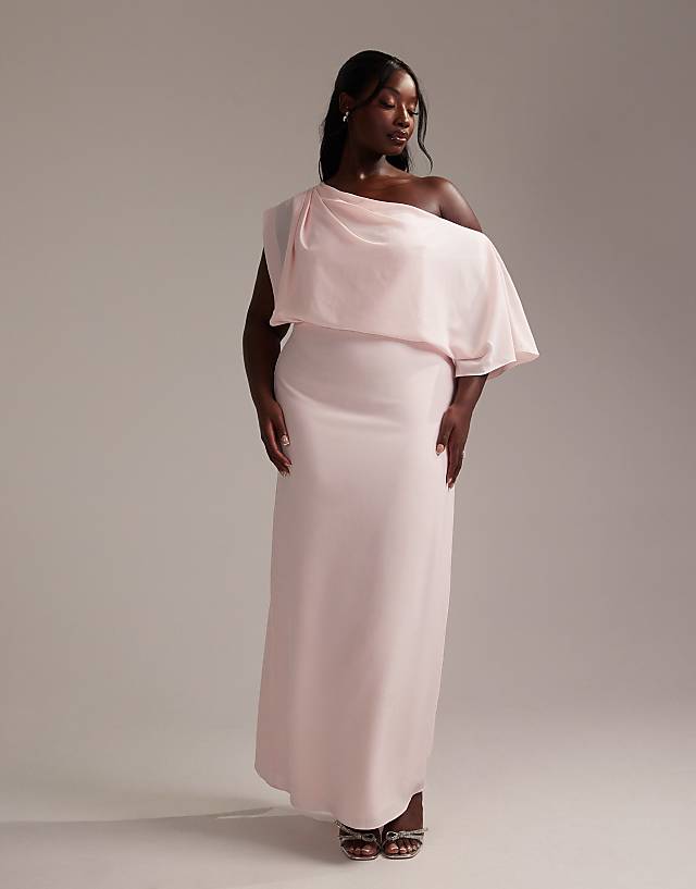 Asos ASOS DESIGN Curve Bridesmaids Crepe One Shoulder Draped Maxi Dress In Soft Pink