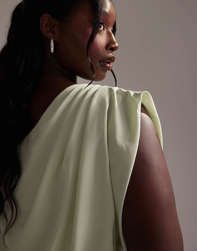Asos ASOS DESIGN Curve Bridesmaids Crepe One Shoulder Draped Maxi Dress In Light Green