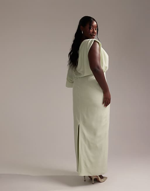 Asos ASOS DESIGN Curve Bridesmaids Crepe One Shoulder Draped Maxi Dress In Light Green