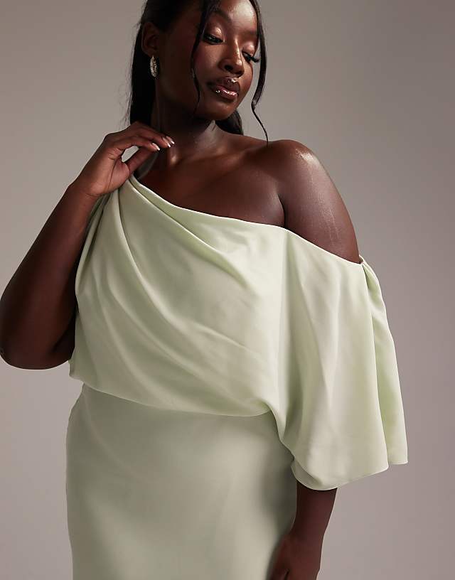 Asos ASOS DESIGN Curve Bridesmaids Crepe One Shoulder Draped Maxi Dress In Light Green