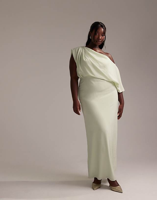 asos ASOS DESIGN Curve Bridesmaids crepe one shoulder draped maxi dress in light green