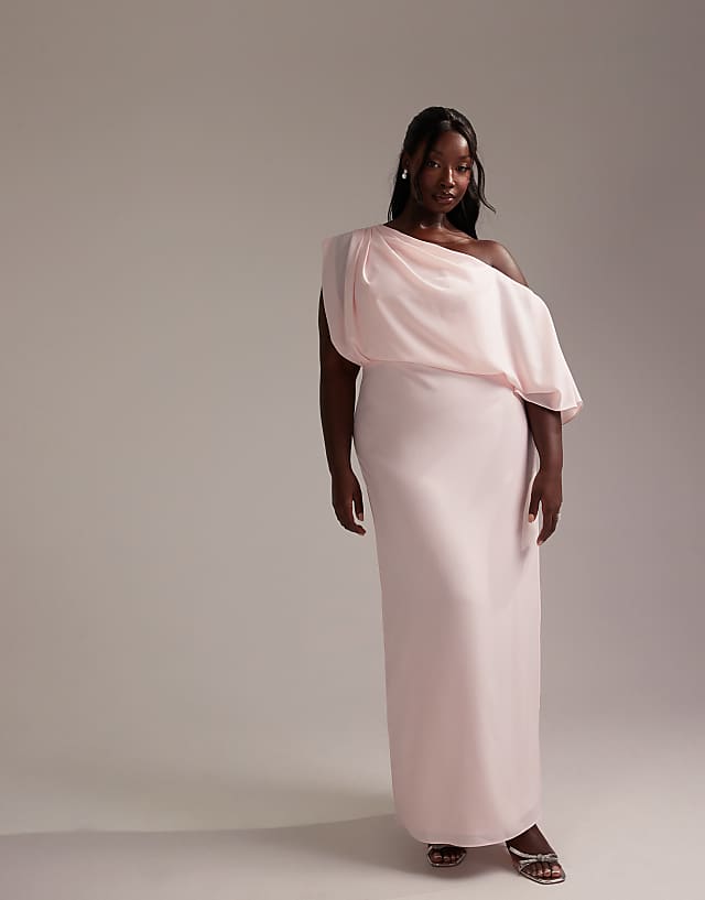asos ASOS DESIGN Curve Bridesmaids crepe one shoulder draped maxi dress in soft pink