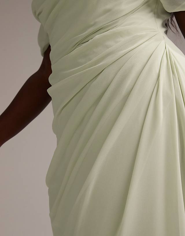 Asos ASOS DESIGN Curve Bridesmaids Draped Bardot Midaxi Dress In Light Green