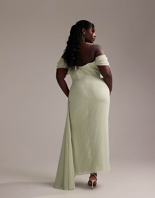 Asos ASOS DESIGN Curve Bridesmaids Draped Bardot Midaxi Dress In Light Green