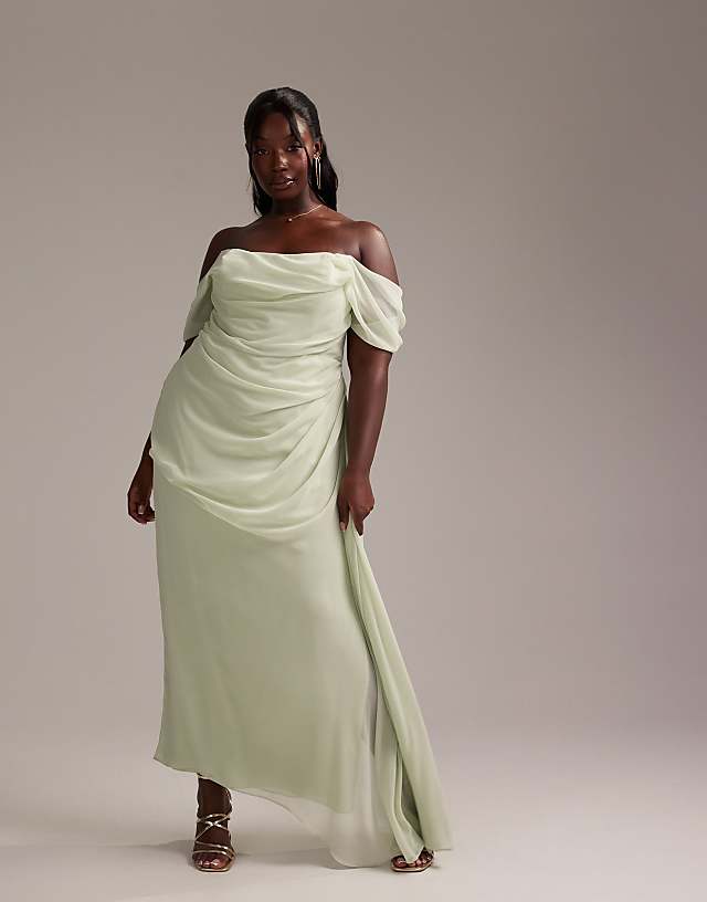 Asos ASOS DESIGN Curve Bridesmaids Draped Bardot Midaxi Dress In Light Green