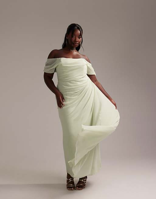 asos ASOS DESIGN Curve Bridesmaids draped bardot midaxi dress in light green