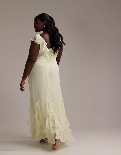 Asos ASOS DESIGN Curve Bridesmaids Flutter Sleeve Bias Maxi Dress With Godet Frill Hem In Soft Yellow