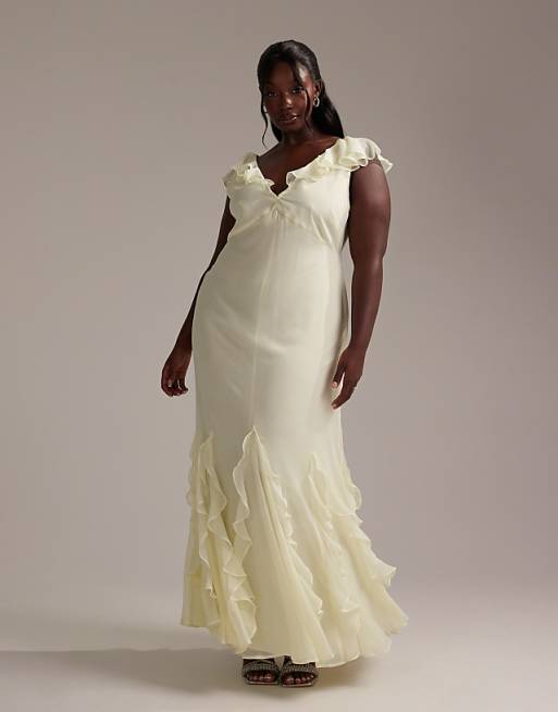 asos ASOS DESIGN Curve Bridesmaids flutter sleeve bias maxi dress with godet frill hem in soft yellow