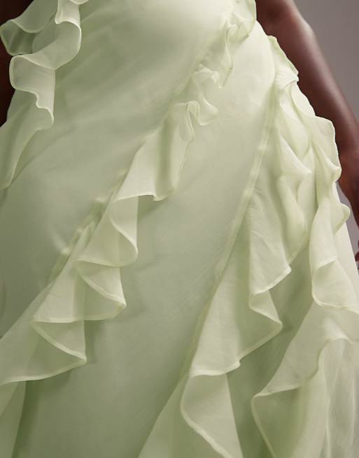 Asos ASOS DESIGN Curve Bridesmaids Racer Neck Bias Ruffle Maxi Dress In Light Green