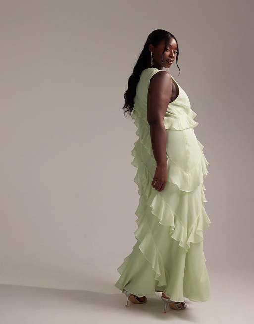 Asos ASOS DESIGN Curve Bridesmaids Racer Neck Bias Ruffle Maxi Dress In Light Green