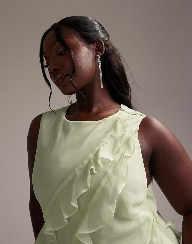 Asos ASOS DESIGN Curve Bridesmaids Racer Neck Bias Ruffle Maxi Dress In Light Green