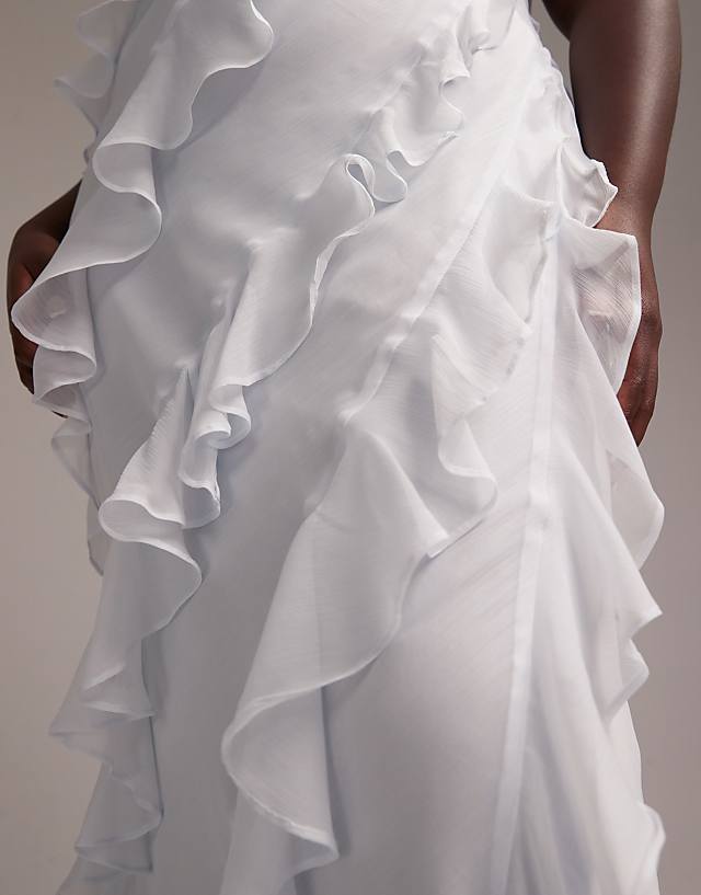 Asos ASOS DESIGN Curve Bridesmaids Racer Neck Bias Ruffle Maxi Dress In Light Blue