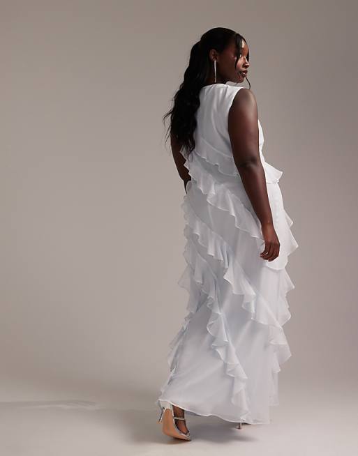 Asos ASOS DESIGN Curve Bridesmaids Racer Neck Bias Ruffle Maxi Dress In Light Blue