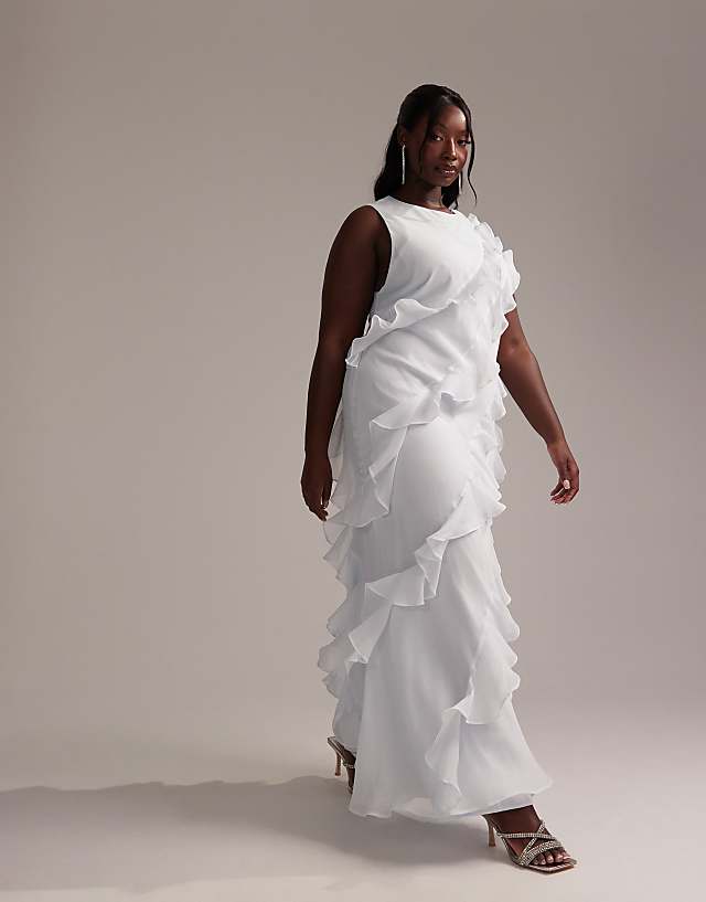 Asos ASOS DESIGN Curve Bridesmaids Racer Neck Bias Ruffle Maxi Dress In Light Blue