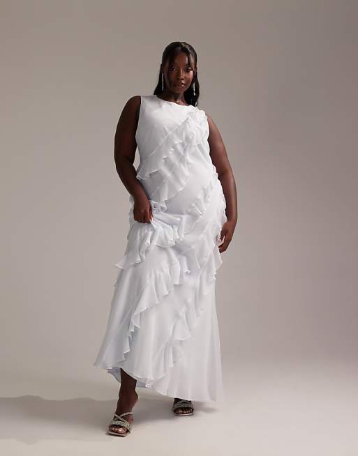 asos ASOS DESIGN Curve Bridesmaids racer neck bias ruffle maxi dress in light blue