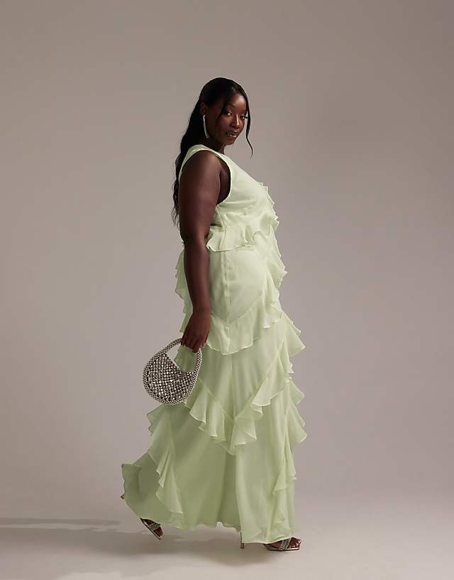 asos ASOS DESIGN Curve Bridesmaids racer neck bias ruffle maxi dress in light green
