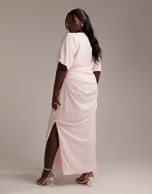 Asos ASOS DESIGN Curve Bridesmaids Slash Neck Crepe T-shirt Sleeve Minimal Drape Maxi Dress In Soft Pink