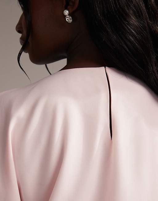 Asos ASOS DESIGN Curve Bridesmaids Slash Neck Crepe T-shirt Sleeve Minimal Drape Maxi Dress In Soft Pink