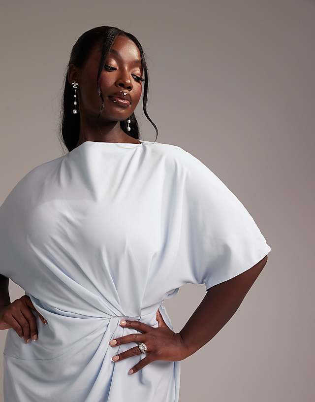 Asos ASOS DESIGN Curve Bridesmaids Slash Neck Crepe T-shirt Sleeve Minimal Drape Maxi Dress In Light Blue