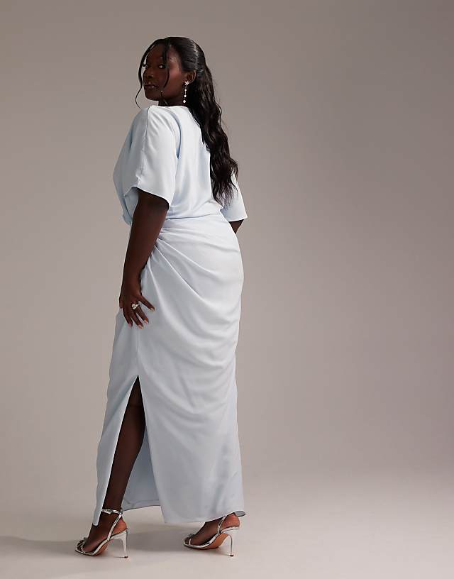 Asos ASOS DESIGN Curve Bridesmaids Slash Neck Crepe T-shirt Sleeve Minimal Drape Maxi Dress In Light Blue