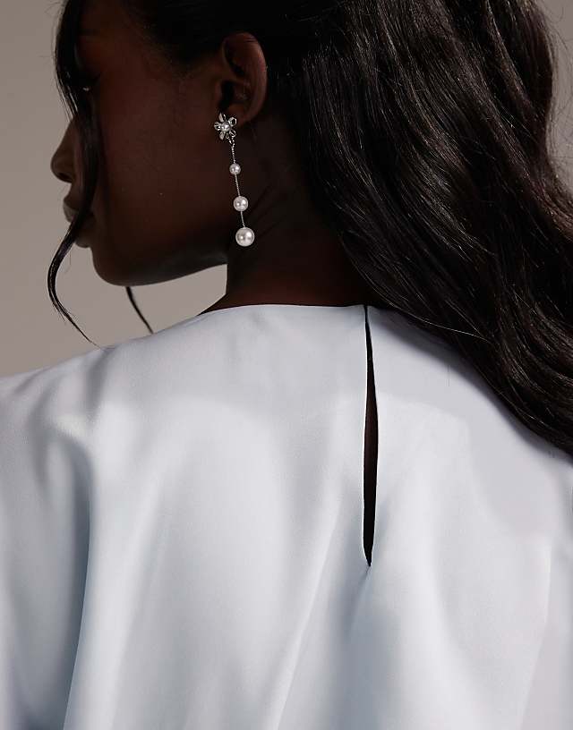 Asos ASOS DESIGN Curve Bridesmaids Slash Neck Crepe T-shirt Sleeve Minimal Drape Maxi Dress In Light Blue