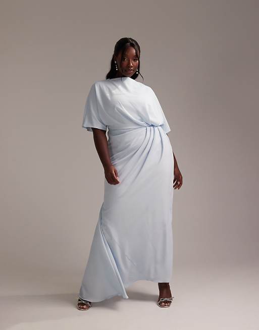 asos ASOS DESIGN Curve Bridesmaids slash neck crepe t-shirt sleeve minimal drape maxi dress in light blue