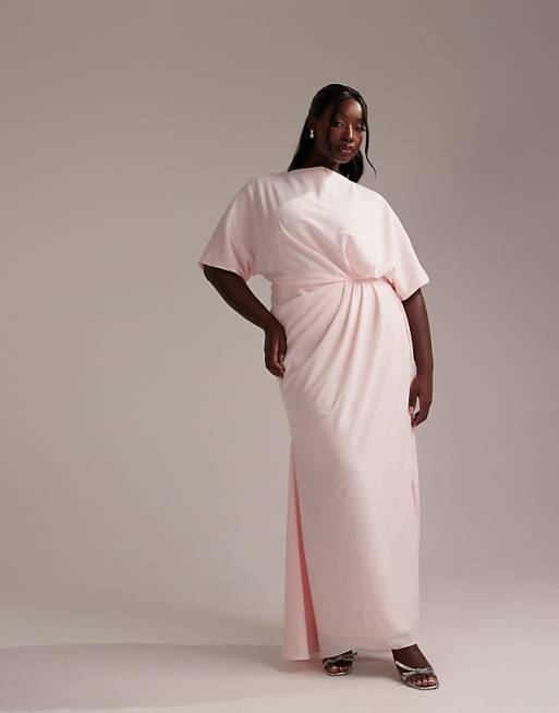 asos ASOS DESIGN Curve Bridesmaids slash neck crepe t-shirt sleeve minimal drape maxi dress in soft pink