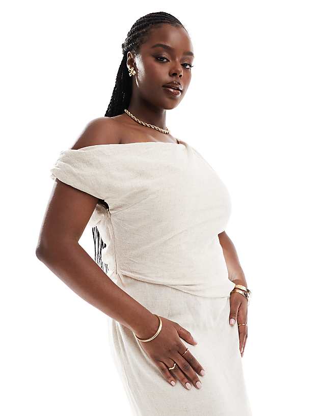Asos ASOS DESIGN Curve Fallen Shoulder Linen Midi Dress With Pleat Waist In Oatmeal