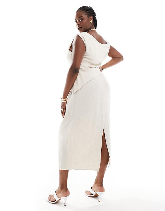 Asos ASOS DESIGN Curve Fallen Shoulder Linen Midi Dress With Pleat Waist In Oatmeal