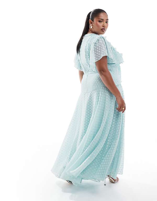 Asos ASOS DESIGN Curve Flutter Sleeve Burnout Spot Jacquard Midi Dress With Tie Front In Ice Blue