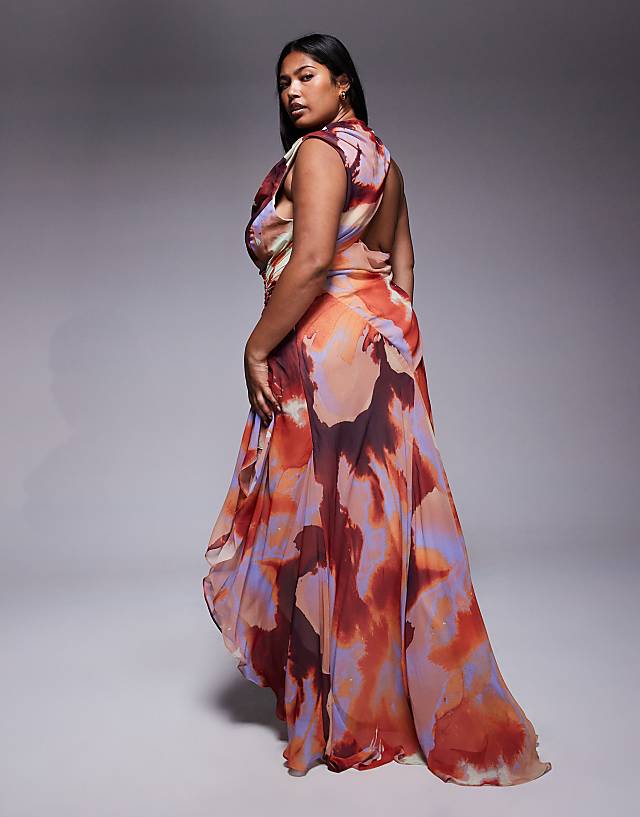 Asos ASOS DESIGN Curve Gathered Waist Ruffle Maxi Dress With Open Back In Abstract Print