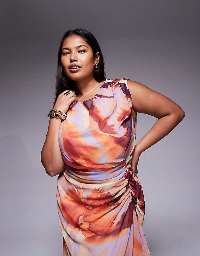 Asos ASOS DESIGN Curve Gathered Waist Ruffle Maxi Dress With Open Back In Abstract Print