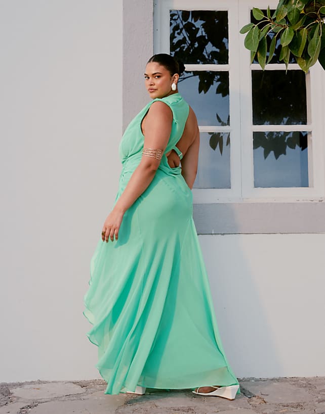 Asos ASOS DESIGN Curve Gathered Waist Ruffle Maxi Dress With Open Back In Apple Green