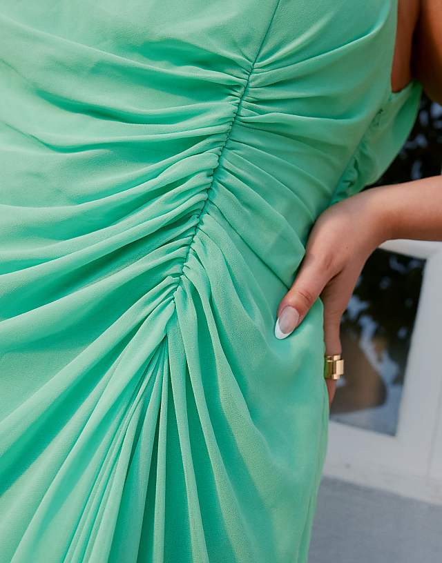 Asos ASOS DESIGN Curve Gathered Waist Ruffle Maxi Dress With Open Back In Apple Green