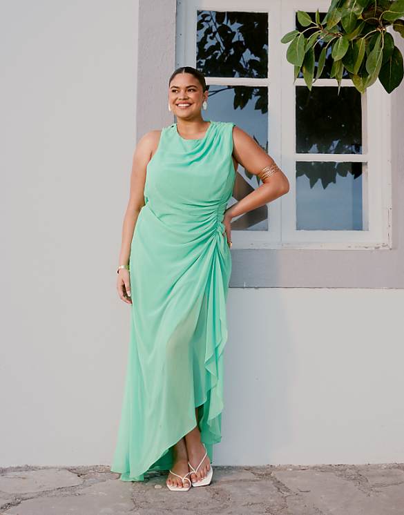 asos ASOS DESIGN Curve gathered waist ruffle maxi dress with open back in apple green