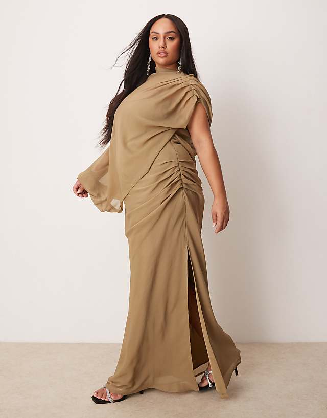 Asos ASOS DESIGN Curve High Neck Draped Bodice Asymmetric Maxi Dress With Cut Out In Taupe