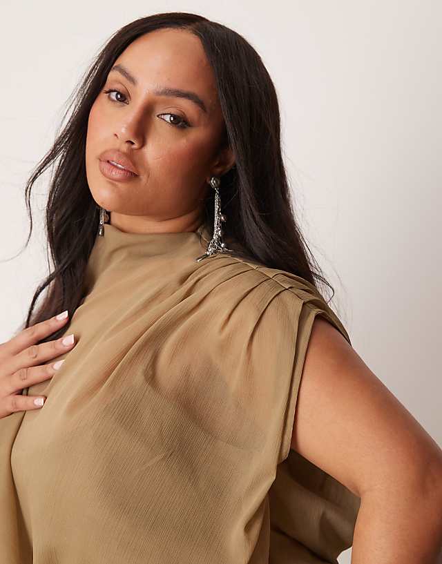 Asos ASOS DESIGN Curve High Neck Draped Bodice Asymmetric Maxi Dress With Cut Out In Taupe