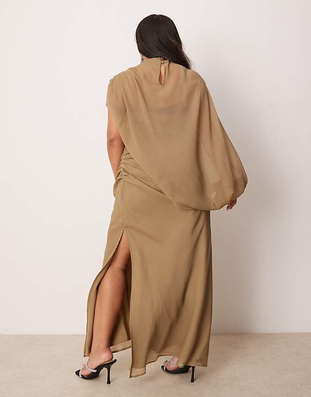 Asos ASOS DESIGN Curve High Neck Draped Bodice Asymmetric Maxi Dress With Cut Out In Taupe