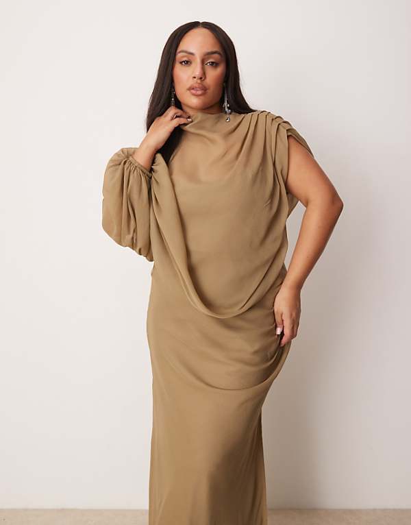asos ASOS DESIGN Curve high neck draped bodice asymmetric maxi dress with cut out in taupe