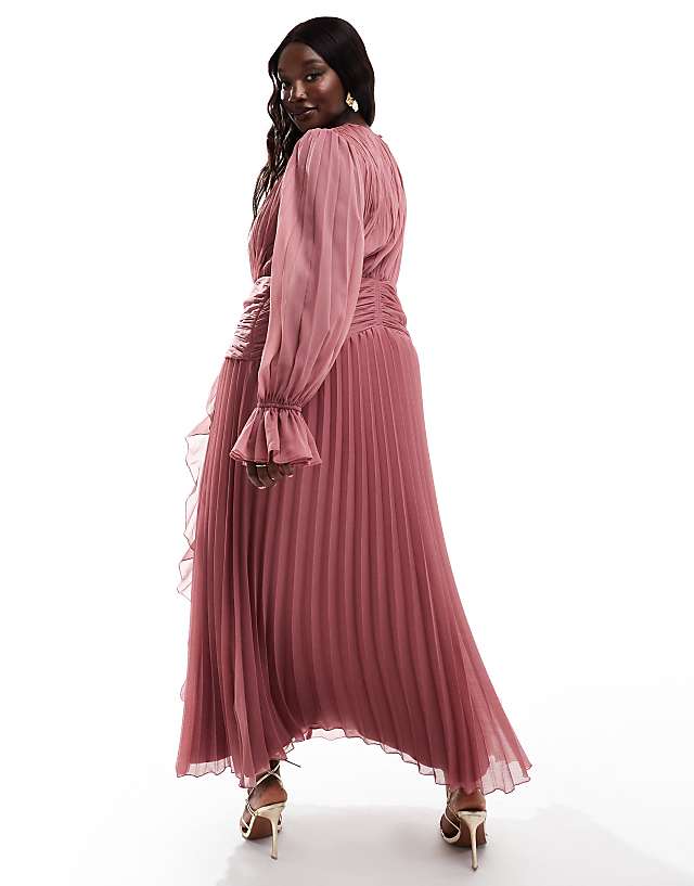 Asos ASOS DESIGN Curve High Neck Ruched Belt Detail Maxi Dress In Dusky Pink